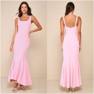 LULU’S Romantic Destiny Light Pink Square Neck Trumpet Maxi Dress